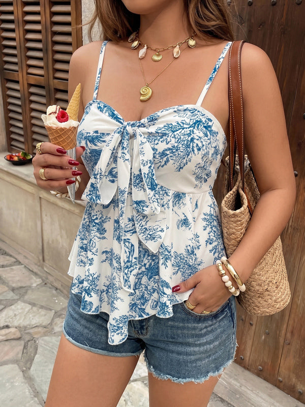 Blue Cami Top Straps Neck Lace Up Backless Chic Printed Women Camis