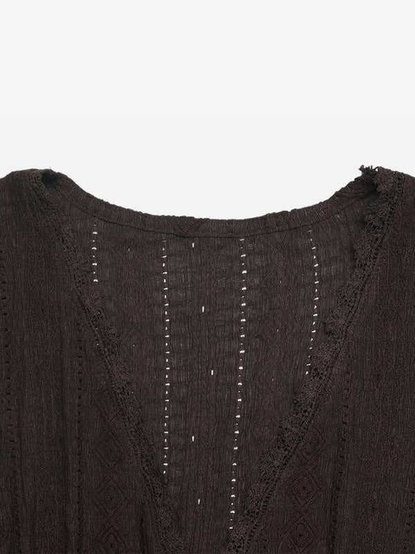 Women V Neck Scallop Lace Ruffle Cap Sleeve Peplum Textured Blouse Top