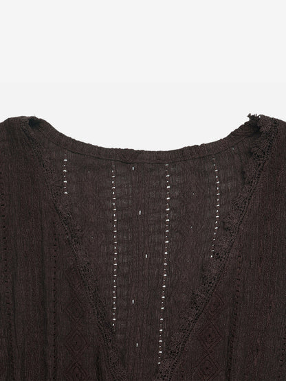 Women V Neck Scallop Lace Ruffle Cap Sleeve Peplum Textured Blouse Top