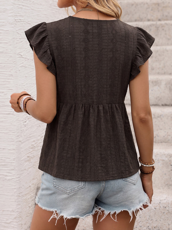 Women V Neck Scallop Lace Ruffle Cap Sleeve Peplum Textured Blouse Top