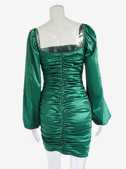 Daily Dresses Mini Green Pleated Long Sleeves Square Neck Glossy Satin Off Shoulder Ruched Slim Party Club Dress