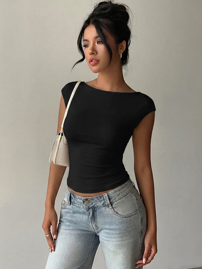 Sleeveless Tees Black Backless Lace Bateau Neck Women Tee Shirt