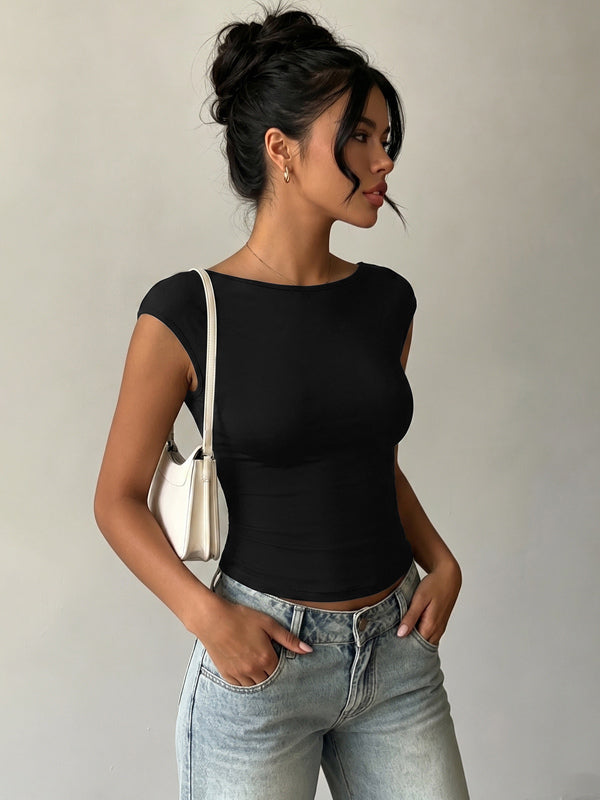 Sleeveless Tees Black Backless Lace Bateau Neck Women Tee Shirt