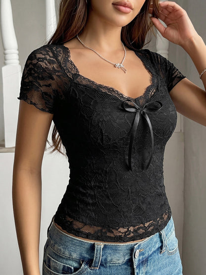 Short Sleeves Tees Black Shaping Cut Out V-Neck Women T Shirt