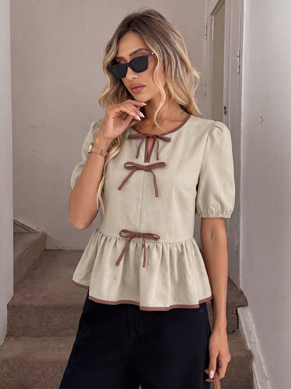 Round Neck Contrast Ribbon Bow Puff Sleeve Peplum Blouse