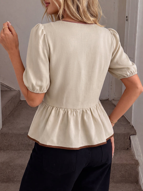 Round Neck Contrast Ribbon Bow Puff Sleeve Peplum Blouse