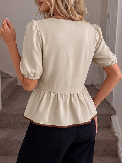 Round Neck Contrast Ribbon Bow Puff Sleeve Peplum Blouse