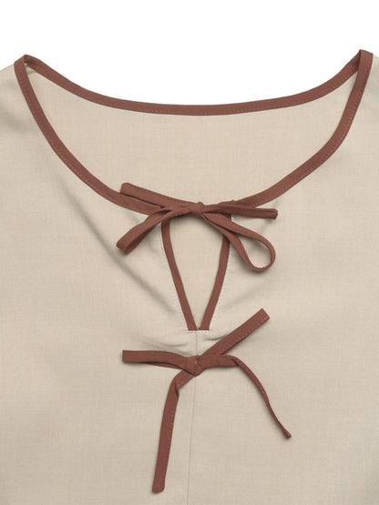 Round Neck Contrast Ribbon Bow Puff Sleeve Peplum Blouse