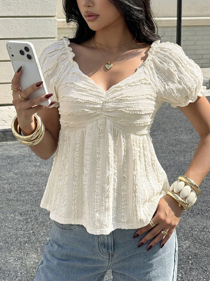 Cream White V Neck Shirred Bust Smocked Flared Hem Summer Top