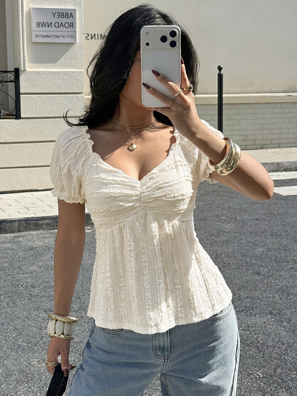 Cream White V Neck Shirred Bust Smocked Flared Hem Summer Top