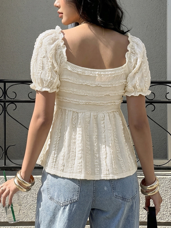 Cream White V Neck Shirred Bust Smocked Flared Hem Summer Top