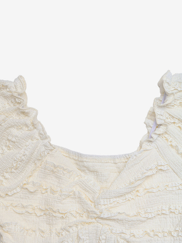 Cream White V Neck Shirred Bust Smocked Flared Hem Summer Top
