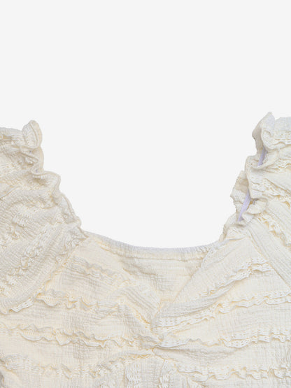 Cream White V Neck Shirred Bust Smocked Flared Hem Summer Top