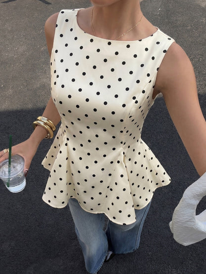 Cream White Black Dot Square Neck Fitted Waist Ruffle Hem Satin Top