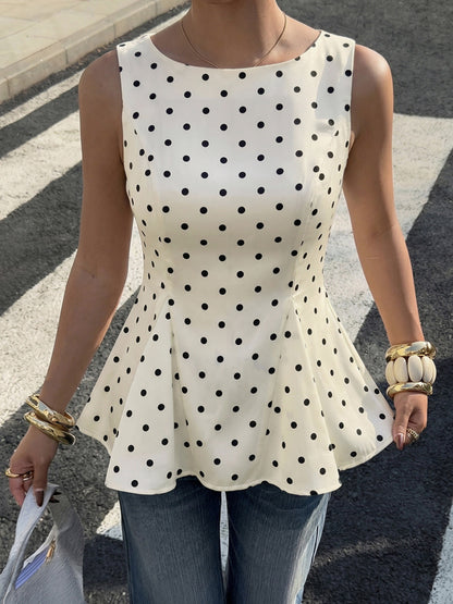 Cream White Black Dot Square Neck Fitted Waist Ruffle Hem Satin Top