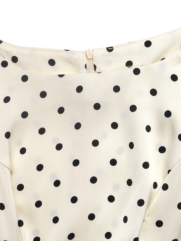 Cream White Black Dot Square Neck Fitted Waist Ruffle Hem Satin Top