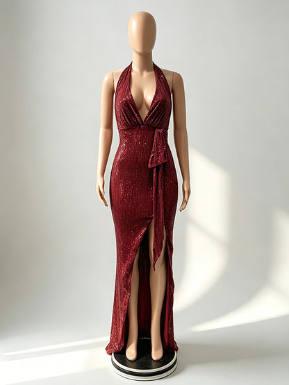 Party Dress Maxi Champagne Halter V-Neck Lace High Slit Sleeveless Sexy Semi Formal Dress