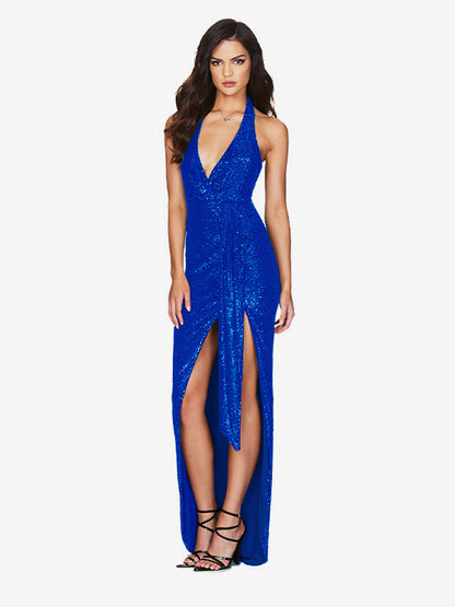 Party Dress Maxi Champagne Halter V-Neck Lace High Slit Sleeveless Sexy Semi Formal Dress