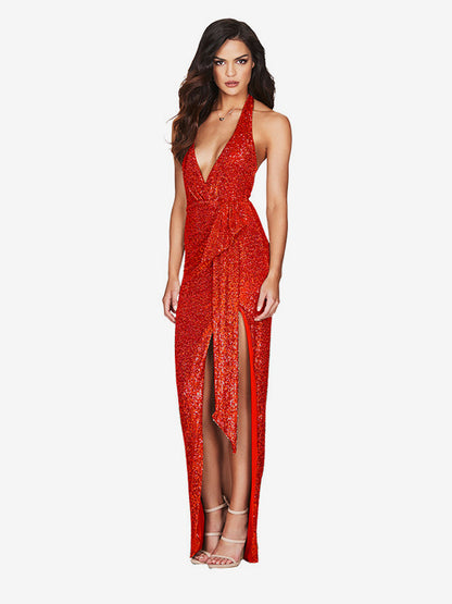 Party Dress Maxi Champagne Halter V-Neck Lace High Slit Sleeveless Sexy Semi Formal Dress