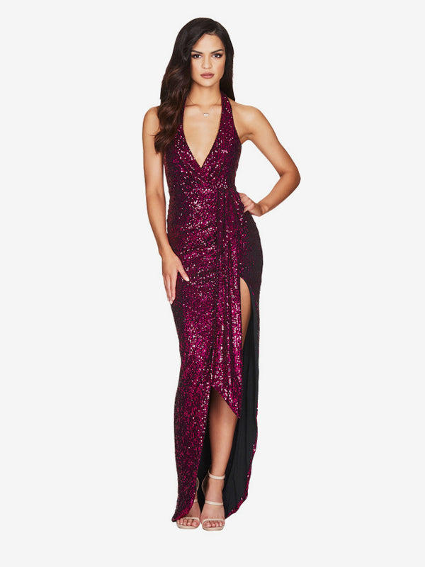 Party Dress Maxi Champagne Halter V-Neck Lace High Slit Sleeveless Sexy Semi Formal Dress