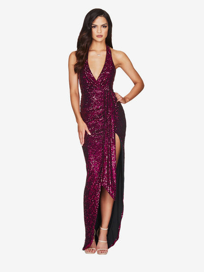 Party Dress Maxi Champagne Halter V-Neck Lace High Slit Sleeveless Sexy Semi Formal Dress