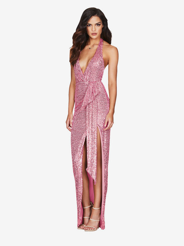 Party Dress Maxi Champagne Halter V-Neck Lace High Slit Sleeveless Sexy Semi Formal Dress