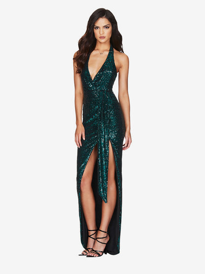 Party Dress Maxi Champagne Halter V-Neck Lace High Slit Sleeveless Sexy Semi Formal Dress