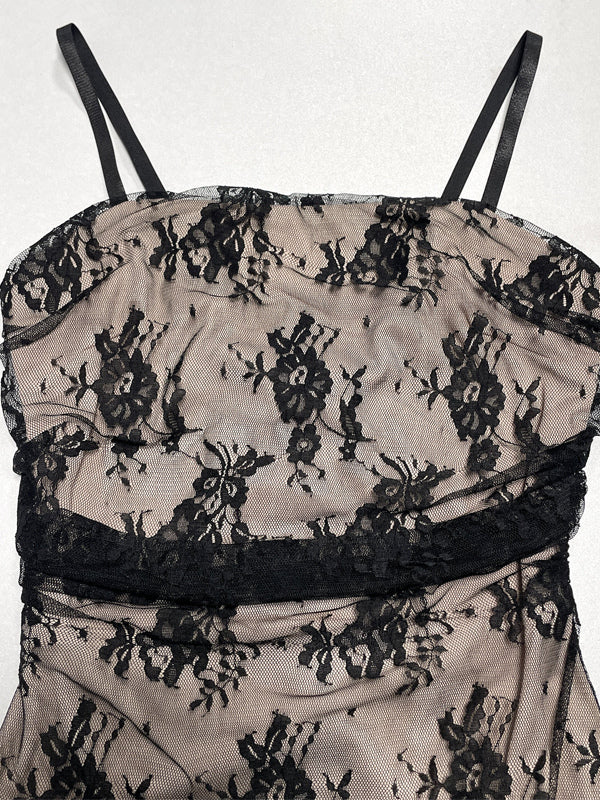 Date Night Dresses Maxi Lace Cami Straps Neck Sexy Sheer Floral Black Bodycon Party Dress