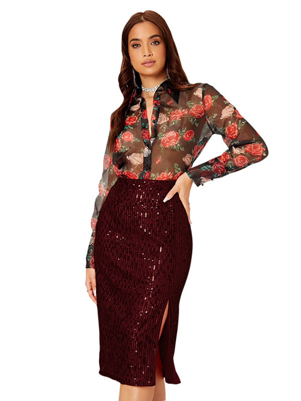 Women High Waist Sequin Midi Skirt Front Slit Bodycon Pencil Party Skirt