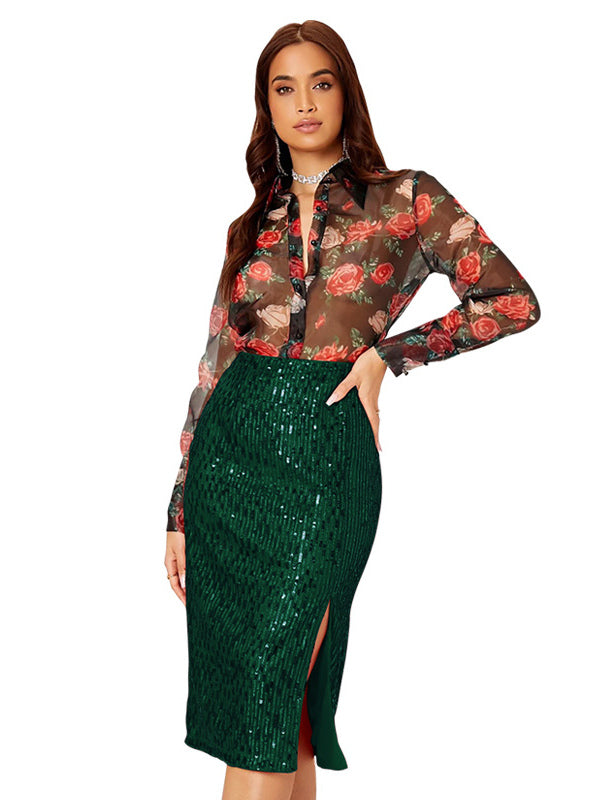 Women High Waist Sequin Midi Skirt Front Slit Bodycon Pencil Party Skirt