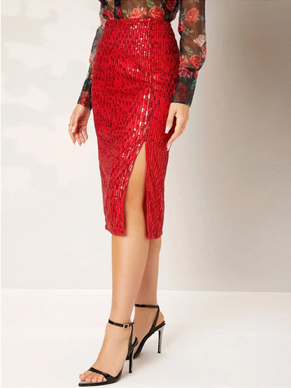 Women High Waist Sequin Midi Skirt Front Slit Bodycon Pencil Party Skirt