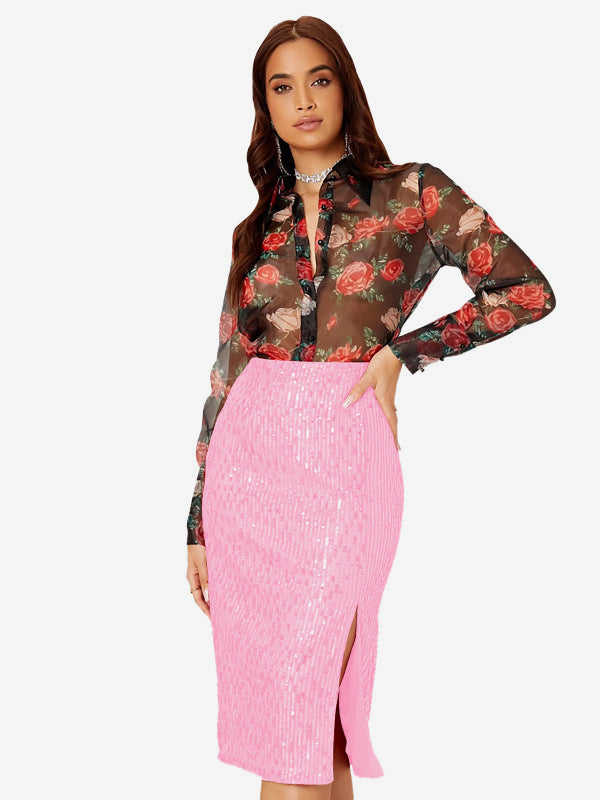 Women High Waist Sequin Midi Skirt Front Slit Bodycon Pencil Party Skirt