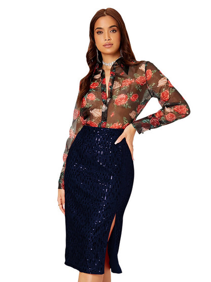 Women High Waist Sequin Midi Skirt Front Slit Bodycon Pencil Party Skirt