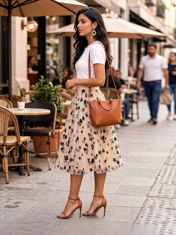 Skirts Floral Print High Waist A Line Mid-calf Length Women's Bottoms