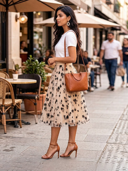 Skirts Floral Print High Waist A Line Mid-calf Length Women's Bottoms