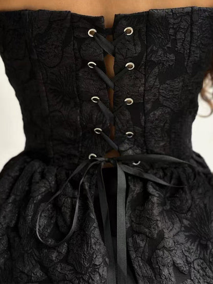 Corset Tops Black Sexy Lace-up Strapless Jacquard Corset Top Peplum Bustier