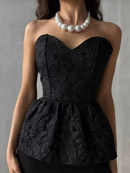 Corset Tops Black Sexy Lace-up Strapless Jacquard Corset Top Peplum Bustier