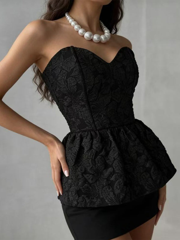 Corset Tops Black Sexy Lace-up Strapless Jacquard Corset Top Peplum Bustier