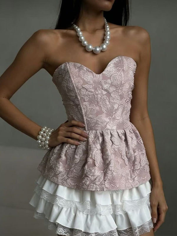 Corset Tops Black Sexy Lace-up Strapless Jacquard Corset Top Peplum Bustier