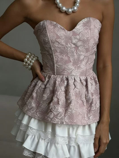 Corset Tops Black Sexy Lace-up Strapless Jacquard Corset Top Peplum Bustier