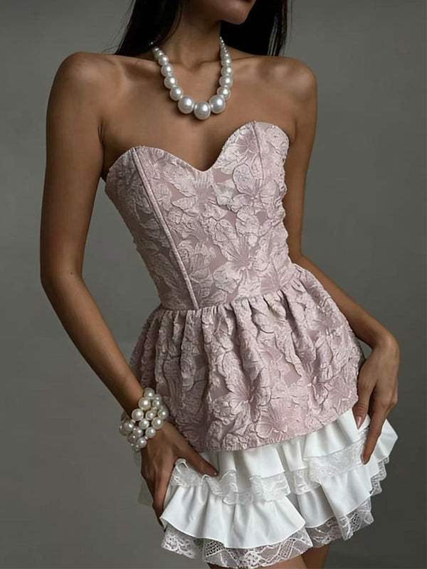 Corset Tops Black Sexy Lace-up Strapless Jacquard Corset Top Peplum Bustier