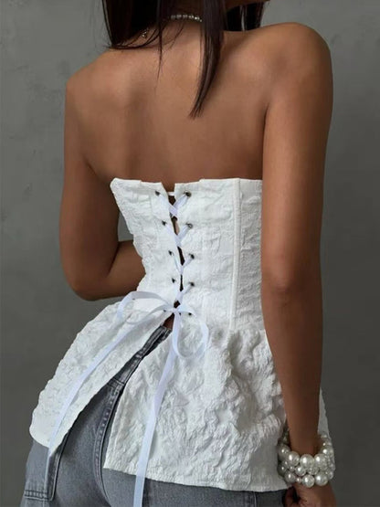 Corset Tops Black Sexy Lace-up Strapless Jacquard Corset Top Peplum Bustier
