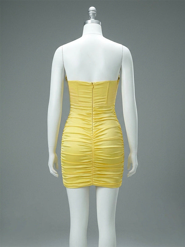 Party Dress Mini Yellow Strapless Sexy Semi Corset Satin Bodycon Formal Night Club Dress