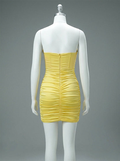 Party Dress Mini Yellow Strapless Sexy Semi Corset Satin Bodycon Formal Night Club Dress