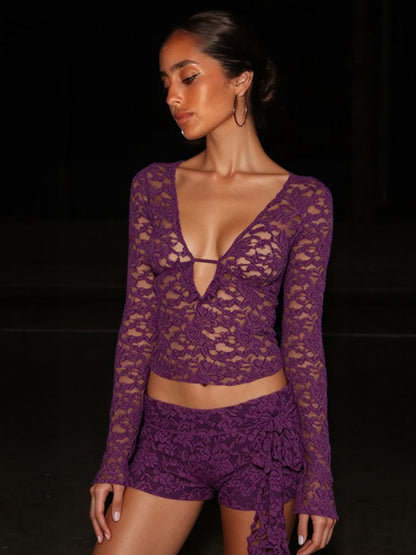 Violet Black Stretchy Sheer Lace Long Sleeve V Neck Cutout Cropped Blouse
