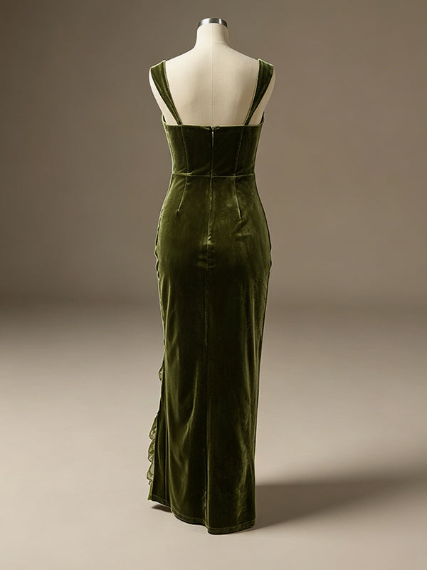 Party Dress Maxi Velvet Green Spaghetti Strap Neck Irregular Sexy Semi Formal Bodycon Dress