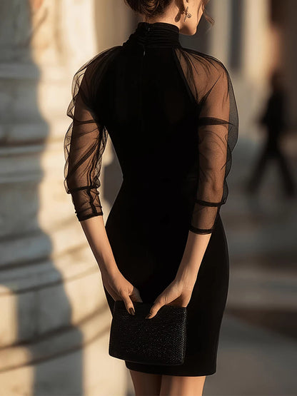 Date Night Dresses Mini Long Sleeves High Collar BlackRuched High Neck See Through Mesh Slim Party Dress