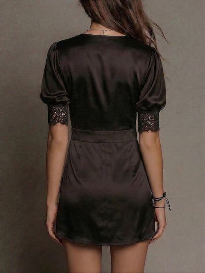 Date Night Dresses Mini Lace Short Sleeves V-Neck Sexy Black Satin Wrap Nightgown