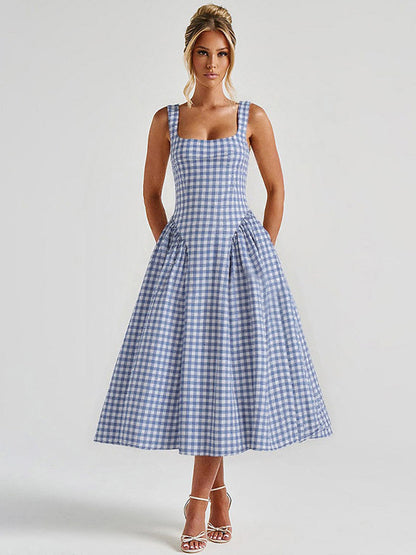 Date Night Dresses Maxi Plaid Straps Square Neck Swing Sweet Red Dress