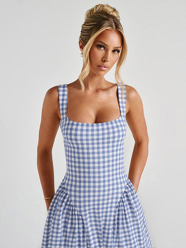 Date Night Dresses Maxi Plaid Straps Square Neck Swing Sweet Red Dress